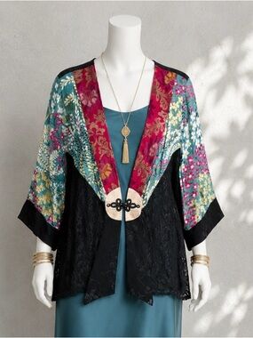 Vintage Tracy Collins Top XL Black Blue Floral Sheer Lace Kimono Boho Blouse